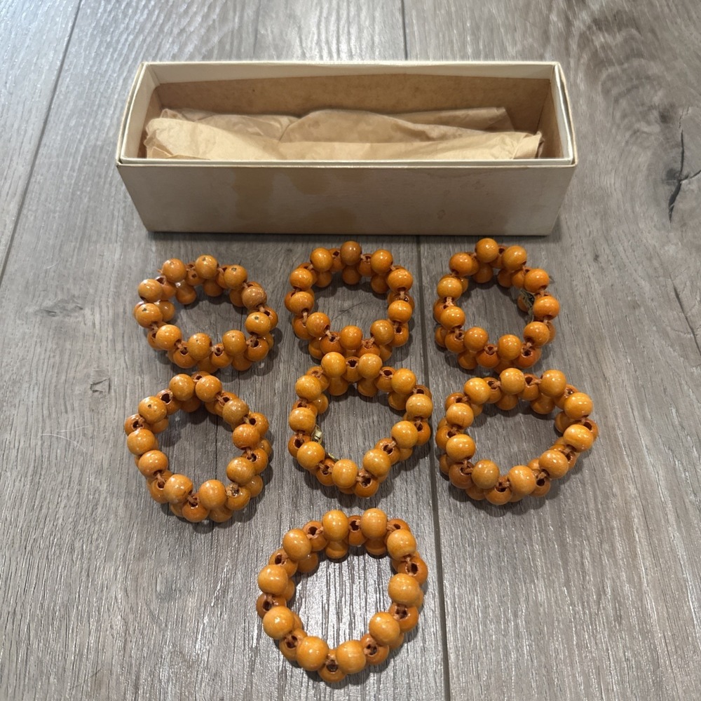 7 Vintage Daruma Napkin Rings Wooden Beads Orange 2" Place Setting Holder